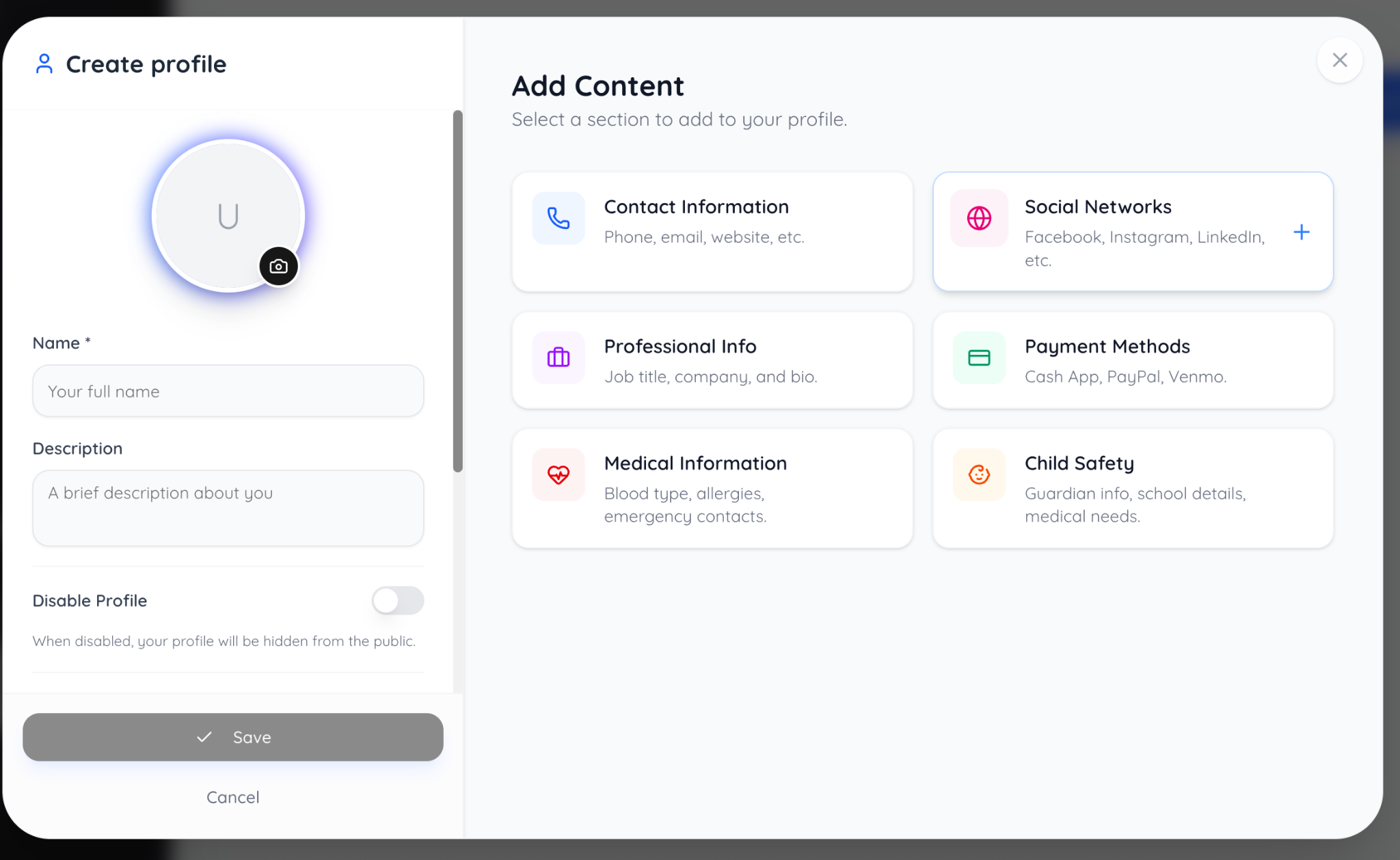 Dashboard: Add content selection
